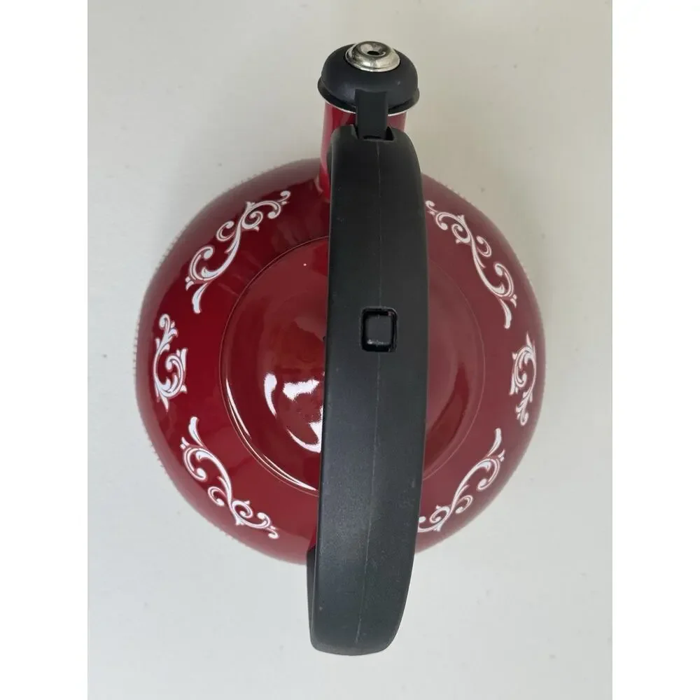 Temptations Tara Doodle Doo Red Enamel Steel Tea Kettle 2.3qt Country Farmhouse